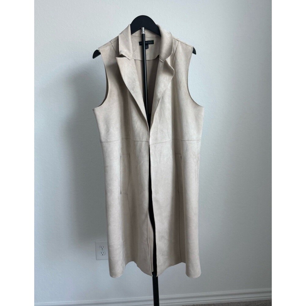Joan Vass New York Beige Faux Suede Open Front Long Duster Vest LargeGently Used